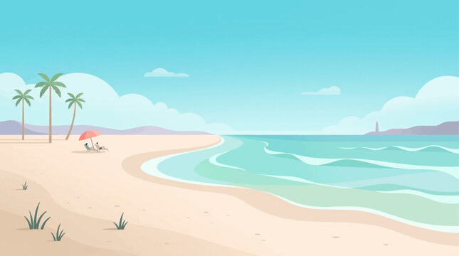 Abstract summer background with art illustration of sea beach and sky. Tropical coast landscape with beautiful sea shore beach on a nice sunny day