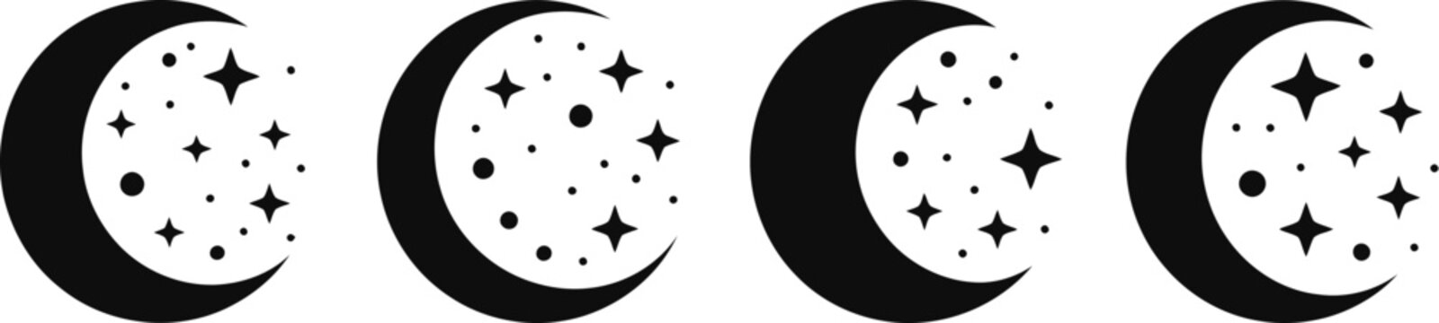 Crescent moon and stars icon set featuring black half moon shape with different night sky stardust clusters vector elements. 