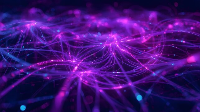 Abstract glowing fiber optic cables transferring digital data in purple and blue neon light