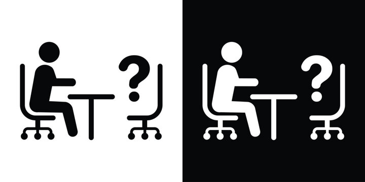 Person at a desk facing an empty chair with a large question mark. Vector icon for missing candidate, job opening, hiring dilemma, or unknown guest.