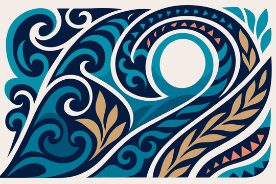Tribal Polynesian Wave Pattern Maori Ethnic Ornament Abstract Sea Ocean Swirls Geometric Traditional Hawaii Cultural Tattoos Texture Blue Teal Beige Graphic Artwork Design Template

