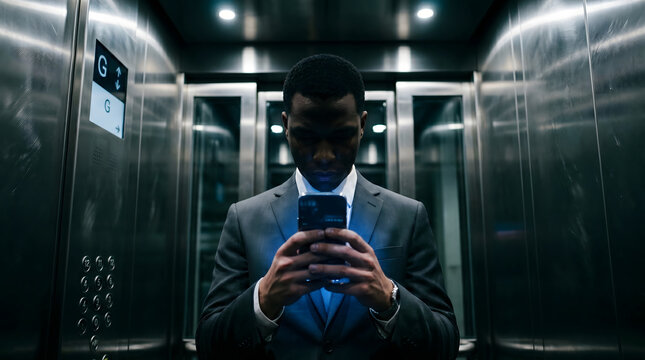 Young black business executive using a smartphone inside a modern corporate elevator.