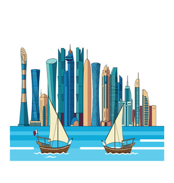 Iconic Qatar flat vector illustration featuring a modern skyline and a traditional dhow boat, clean minimalist design, isolated on a white background.