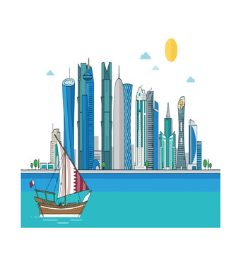Qatar iconic flat vector icon, skyline and dhow boat, minimalist flat vector style, white background