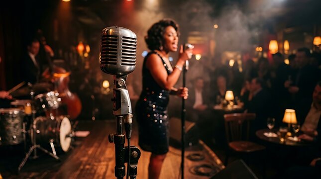 Retro chrome mic in a dim club on blurred background. This soulful image is great for music blogs, concert posters, event promotion, websites, and entertainment articles.