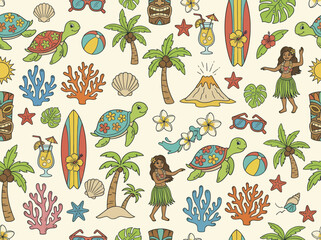 Hawaiian Summer Fun Seamless Pattern with Tropical Elements. © Ganti