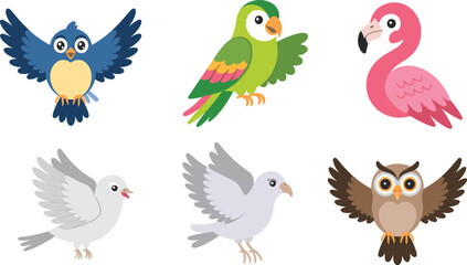 Fototapeta premium Cute Cartoon Birds Vector Set Featuring Adorable Flying Parrot, Flamingo, Owl, Bluebird, and Doves Isolated on White Background (19 words)