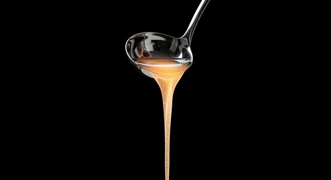 A ladle of viscous golden honey pouring in a thick stream against a dark background