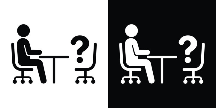 Person at a desk facing an empty chair with a large question mark. Vector icon for missing candidate, job opening, hiring dilemma, or unknown guest.