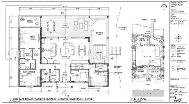 Detailed architectural site plan and ground floor design for a tropical beach residence