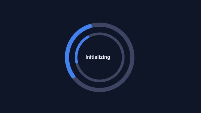 Animated digital interface displaying an initialization progress ring with status text on a dark background, representing system startup, software loading, configuration, and process preparation.