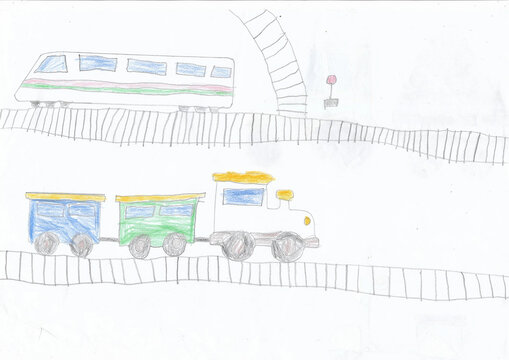 Trains on rails Modern express and vintage steam locomotive on rails, children's drawing.