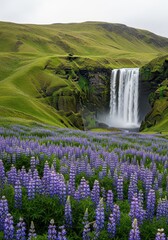 Obraz premium Stunning Skogafoss Waterfall in Iceland Surrounded by Vibrant Purple Lupine Flowers and Lush Green Hills