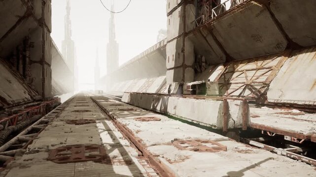 sunlit abandoned industrial corridor with rusted tracks and scattered crates, green moss clinging to concrete seams distant towers pierce bright haze, hanging