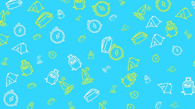 Summer doodle pattern featuring yellow and white travel icons on a blue background.