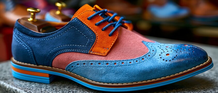 A vibrant, multi-colored leather brogue shoe rests on a stone surface with a blurred retail background, showcasing bold fashion design.