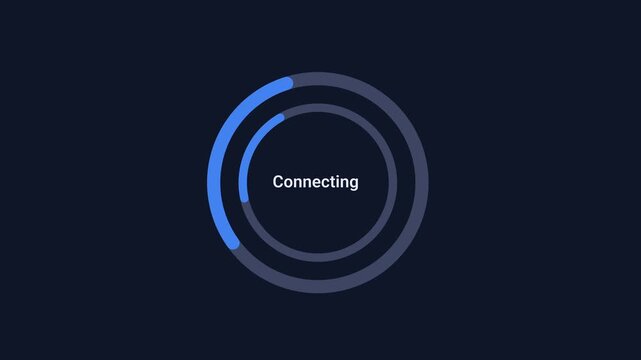 Animated digital interface displaying a connection progress ring with status text on a dark background, representing network access, online connectivity, communication, and system synchronization.