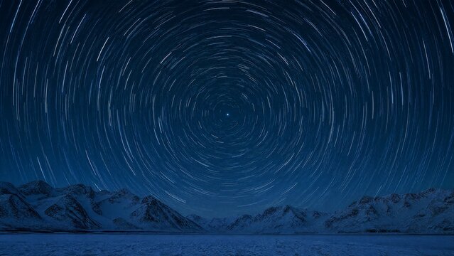 Arctic night sky with star trails circling a bright Polaris star in dark blue tones.