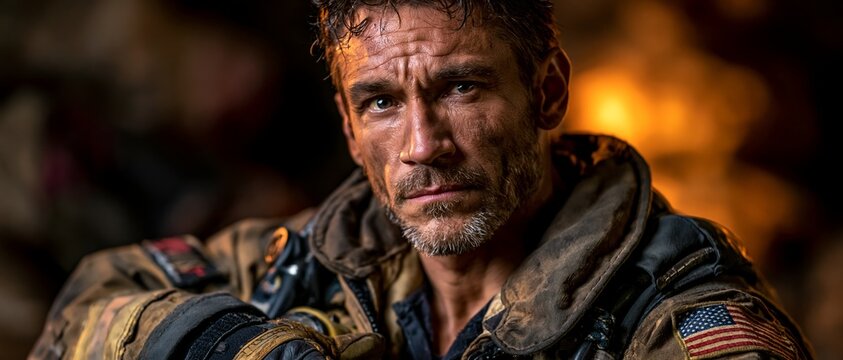 A gritty soldier stares intensely with a blurred fire background, embodying themes of conflict and resilience.