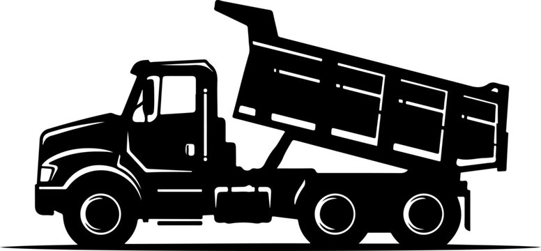 Black dump truck silhouette, vector dumpster truck icon, heavy duty vehicle, construction equipment