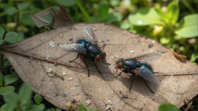 Screwworm flies resting on a dry leaf in a garden. 4K Video
