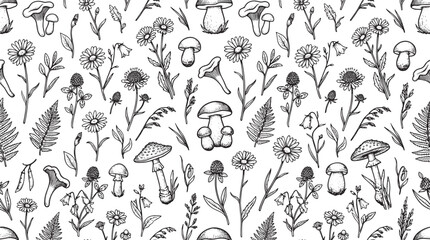 Fototapeta premium Vintage mushroom and daisy wildflower line art seamless pattern