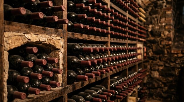 Rows of wine bottles are arranged on wooden shelves inside a cellar. The space has stone walls and a dim light. It is the evening time and the atmosphere is warm