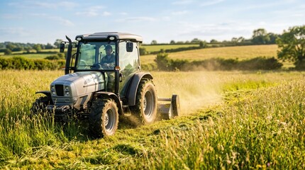 Fototapeta premium A tractor is cutting grass in a wide field under a clear blue sky. The sun shines on the green landscape. Dust rises as the machine moves across the field