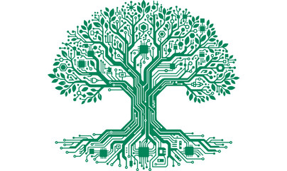 Circuit patterned tree with leaves a green vector illustration on white background © jamila