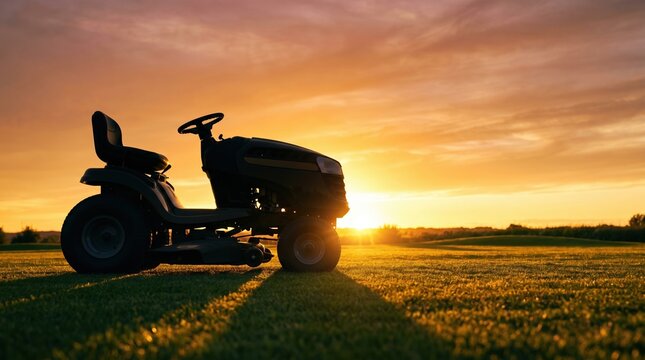 A lawn tractor sits on green grass at sunset. The setting sun casts long shadows. The sky is filled with warm colors as day turns to night in a rural area