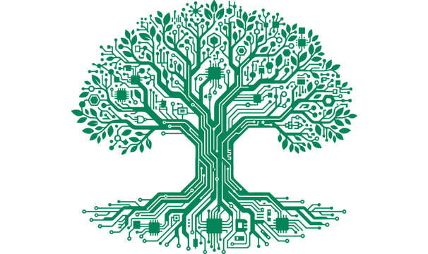 Circuit patterned tree with leaves a green vector illustration on white background