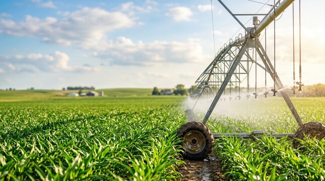 A large irrigation system is sprinkling water across a field. Green crops grow steadily as the sun shines brightly. In the background, farms are visible on rolling hills