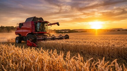 Fototapeta premium A combine harvester collects ripe wheat in a golden field as the sun sets. Dust rises and the sky turns orange, marking the end of a long day of harvest in the countryside