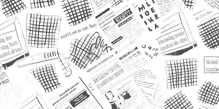 Black and white newspaper clippings with grid patterns and text fragments