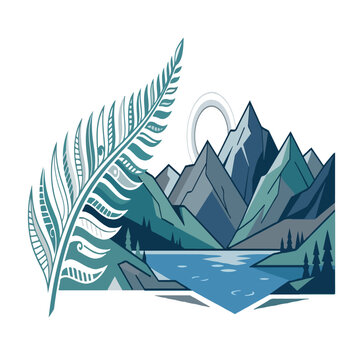New Zealand-themed flat vector artwork showcasing a silver fern alongside mountain peaks, sleek contemporary illustration, flat design on a white background.