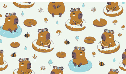 Fototapeta premium Adorable Capybara Repeating Pattern Vector Illustration