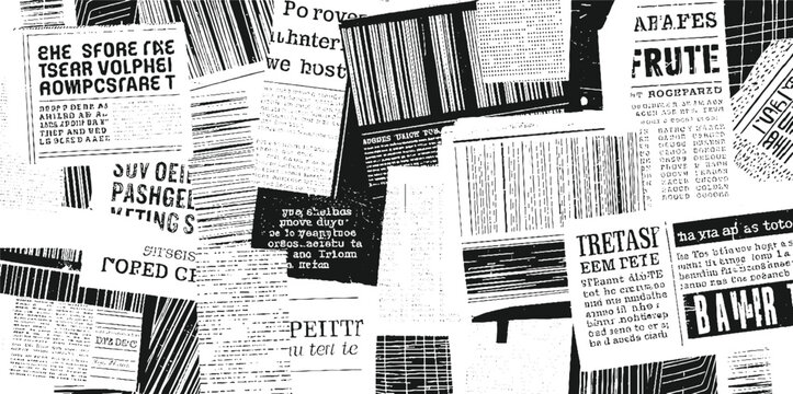 Collage of black and white newspaper clippings with varying text and line patterns print