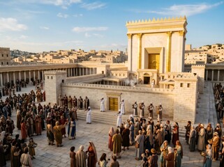 Fototapeta premium Second Temple in Jerusalem with people gathering in courtyard