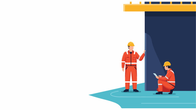 Industrial safety inspection: Two workers in orange hard hats and coveralls, one pointing, the other checking a tablet at an industrial site. Graphic.