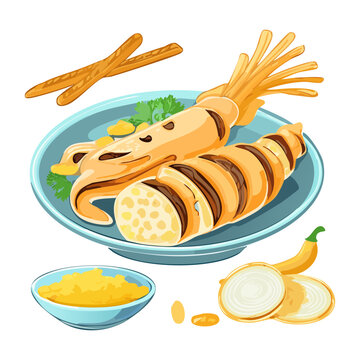 Delicious graphic design of grilled seafood skewers with lemon dip bowl perfect for restaurant menu book culinary recipe promotion digital marketing layout - Vector Illustration