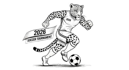 Obraz premium Leopard Mascot Playing Soccer for 2026 Soccer Tournament.