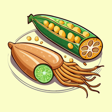 Delicious graphic design of cooked squid calamari filled with peas lemon perfect for restaurant menu book culinary recipe promotion digital marketing layout - Vector Illustration