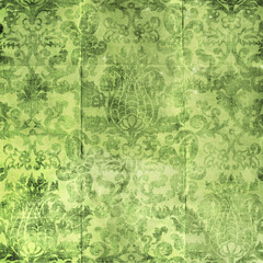 Fototapeta premium Soft pastel green damask wallpaper with classic floral ornaments, vintage texture and distressed effect. Elegant seamless-style background for branding and stationery.