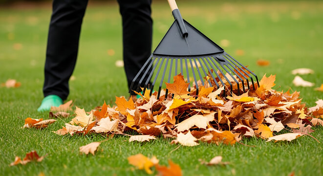Person raking fallen autumn leaves on a green grass lawn