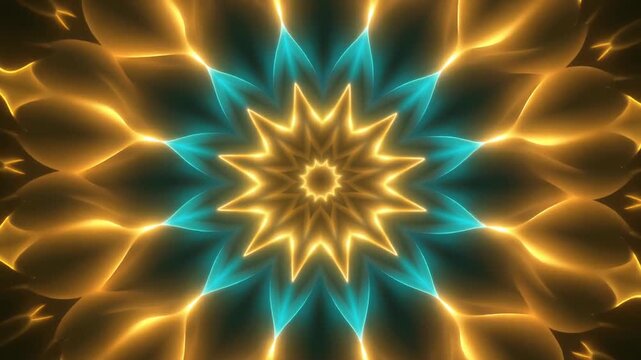 Radiant energy bursts and glowing star patterns in seamless loop. Golden and teal light rays emanate from circular centers. Abstract motion graphics for futuristic backgrounds.