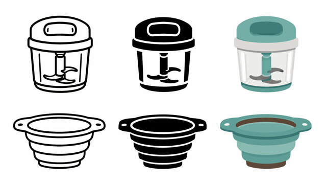 Set of kitchen tools: handheld chopper and collapsible strainer in color and outline styles