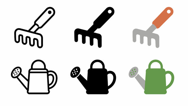 Garden tool icons: rake and watering can in various styles and colors