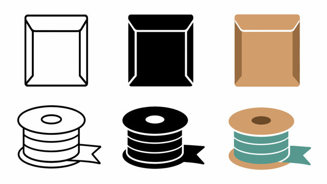 Set of envelopes and ribbon spools in various styles and colors