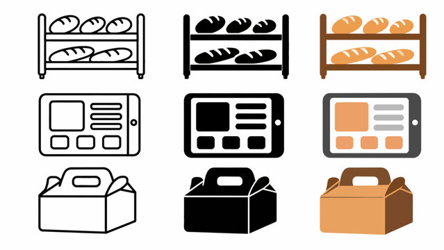 Bread icons on shelves and tablets with packaging box design elements