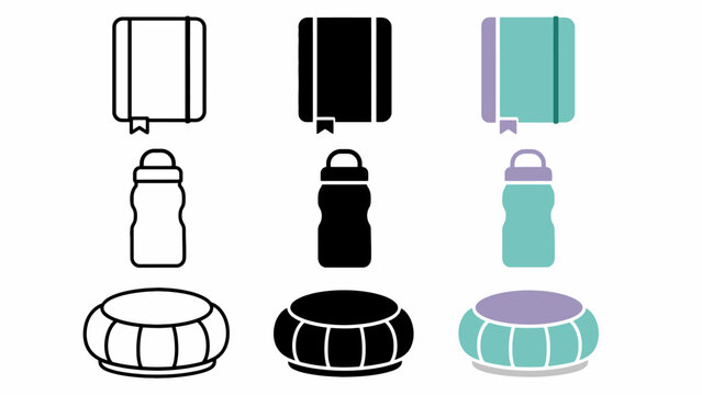 Notebook, water bottle, and cushion icons in various styles and colors